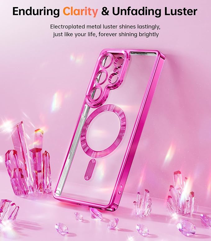 Meifigno Case Designed for Samsung Galaxy S25 Ultra 6.9 inch, [Compatible with MagSafe] [2X HD Screen Protectors] [Glitter Card & Wrist Strap] Full Lens Protection Case for Galaxy S25 Ultra, Hot Pink
