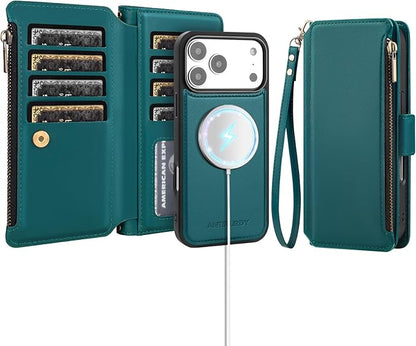 Antsturdy Compatible with Magsafe Magnetic 2 in 1 Detachable iPhone 17 Pro Wallet Case with Credit Card Holder Slots,PU Leather RFID Blocking Phone Cover Wrist Strap Zipper Women Men,Indigo Blue