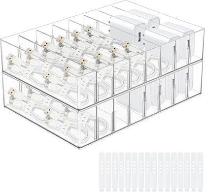 2Pcs Cable Charger Organizer Box with 16Pcs Wire Ties Large Plastic Cords Storage Organizer with Adjustable Compartments Electronics Organizer Stackable Cord Storage Box for Drawer Home Office, Clear