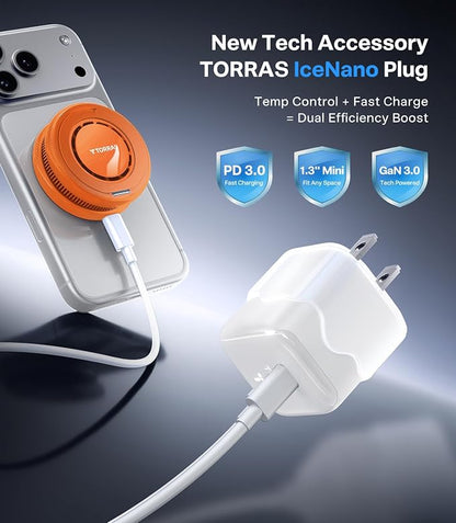 TORRAS PolarCircle Qi2.2 Wireless Charger, 25W Cooling Magnetic Pad for iPhone 17/16, Wireless Charger for Samsung Galaxy S26/S25 with 360°Spin Stand, Semiconductor Game Cooler, with 45W IceNano Plug
