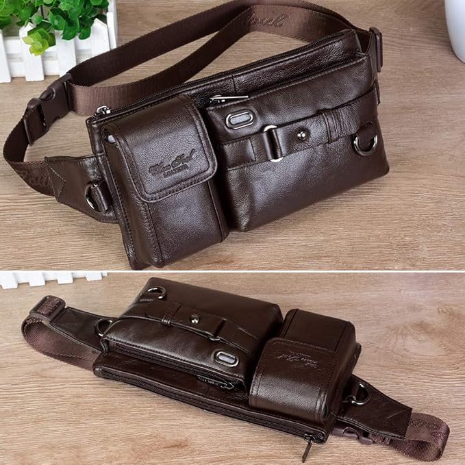 KPYWZER Vintage Leather Waist Bag Fanny Pack for Men Women Hip Bum Belt Slim Cell Phone Purse Casual Waist Wallet Pouch for Outdoors Traveling Casual Running Hiking Cycling Coffee