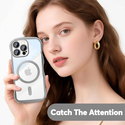Misscase Designed for iPhone 16 Pro Case 6.3",with Privacy Screen Protector*1,Cute Wave Frame Case with Camera Lens Protector,Compatible with MagSafe Plating Bling for Women Silver