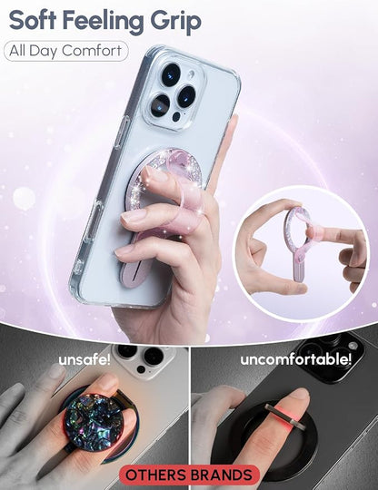 for MagSafe Phone Grip for iPhone - Glitter Magnetic Phone Ring Holder for Women Girs - Comfortable Stylish Finger Phone Loop Grip for iPhone 17/16/15/14/13/12,Glitter Pink