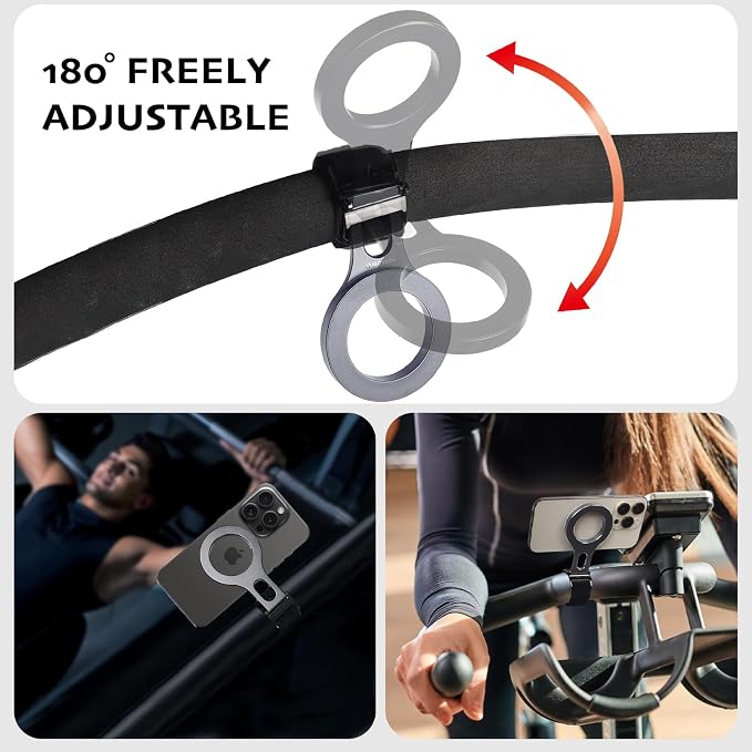 Magnetic Phone Holder for Bar, Stroller, Shopping Cart, [Strong Magnet] 180° Adjustable for Gym, Home Fitness Bikes with Adjustable Strap, All Phone (Magnetic Ring Included)