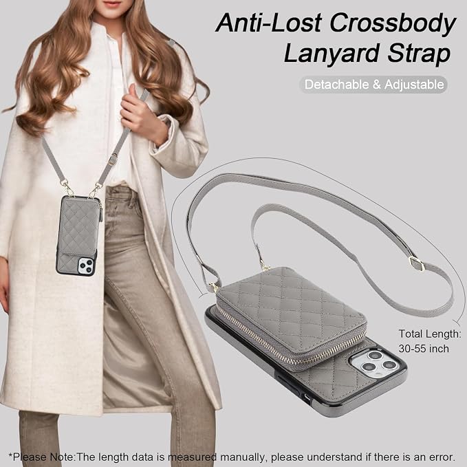 Bocasal Crossbody Wallet Case for iPhone 11 Pro Max, RFID Blocking PU Leather Zipper Handbag Purse Flip Cover, Kickstand Folio Case with Card Slots Holder Wrist Strap Lanyard 6.5 Inch (Grey)