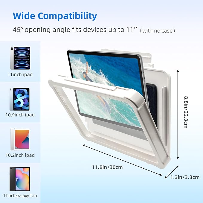 Shower Tablet Holder with HD&Touchable Screen, Anti-Fog Waterproof iPad Shower Mount, 2 Placement Modes, Compatible with iPad iPhone Tablet Under 11 in,White