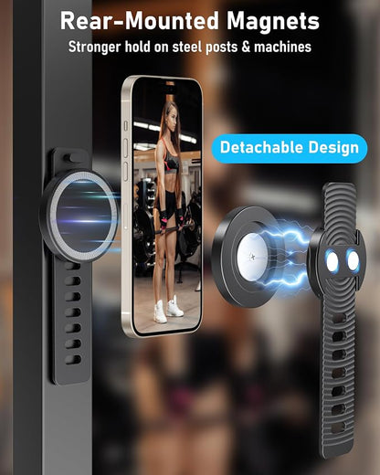 Stroller Phone Holder, Compatible with MagSafe, Magnetic Handlebar Mount, 17x N52 Strong Magnets, Fits Treadmills, Peloton, Shopping & Golf Carts, Adjustable Strap, iPhone 12–17 & Android