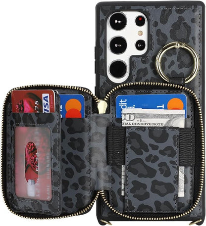 Crossbody Wallet Case for Galaxy S24 Ultra, PU Leather Zipper Handbag Purse Flip Cover, Kickstand Folio Case with Card Slots Holder Wrist Strap Lanyard -Black Leopard