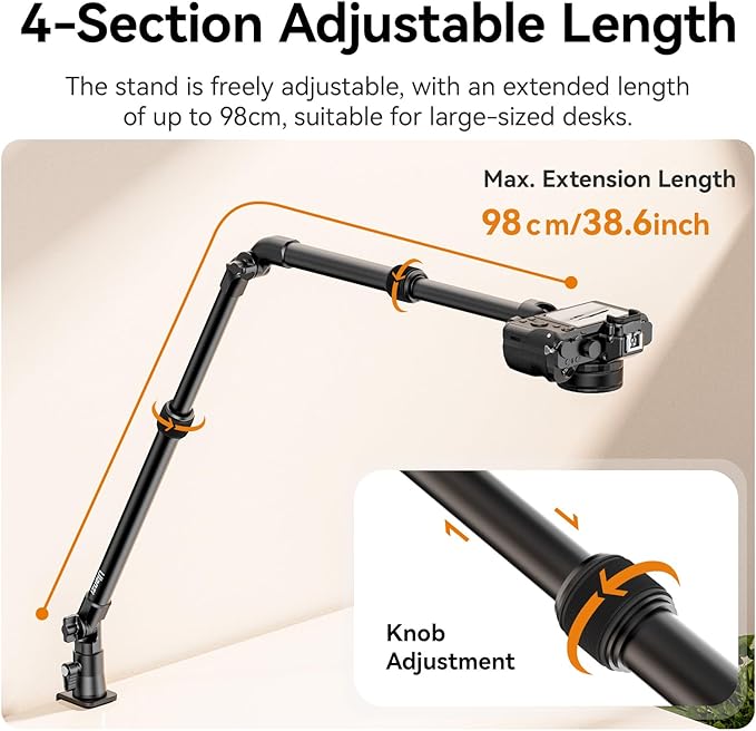 ULANZI ZJ02 Camera Desk Mount Overhead Magic Arm, 98cm/38.6inch Aluminum Adjustable Articulating Arm with 1/4" Ball Head for Cameras DSLR Lights Mount for Live Streaming/Photo Video Shooting