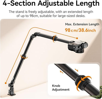 ULANZI ZJ02 Camera Desk Mount Overhead Magic Arm, 98cm/38.6inch Aluminum Adjustable Articulating Arm with 1/4" Ball Head for Cameras DSLR Lights Mount for Live Streaming/Photo Video Shooting