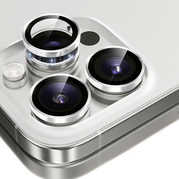 GolbinBox Camera Lens Protector for iPhone 15 Pro/15 Pro Max, 1:1 Invisible Fit, 9H Tempered Glass Ultra HD Metal Individual Camera Cover, Case Friendly, Silver