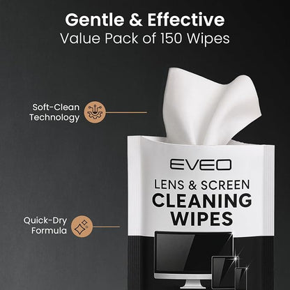 EVEO Screen Wipes - Electronic Wipes, Computer Screen Cleaner Wipes for Electronics | Computer Screen Wipes Phone Wipes & Lens Wipes for PC, Laptop, Phone, Car & More - Microfiber Included (300 Pack)
