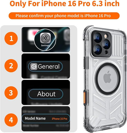 for iPhone 16 Pro Waterproof Case Compatible with MagSafe, IP68 Underwater Case Built-in Screen Protector, Slim Translucent 360° Full Body Protection, 12FT Military Grade, 6.3 Inch Black