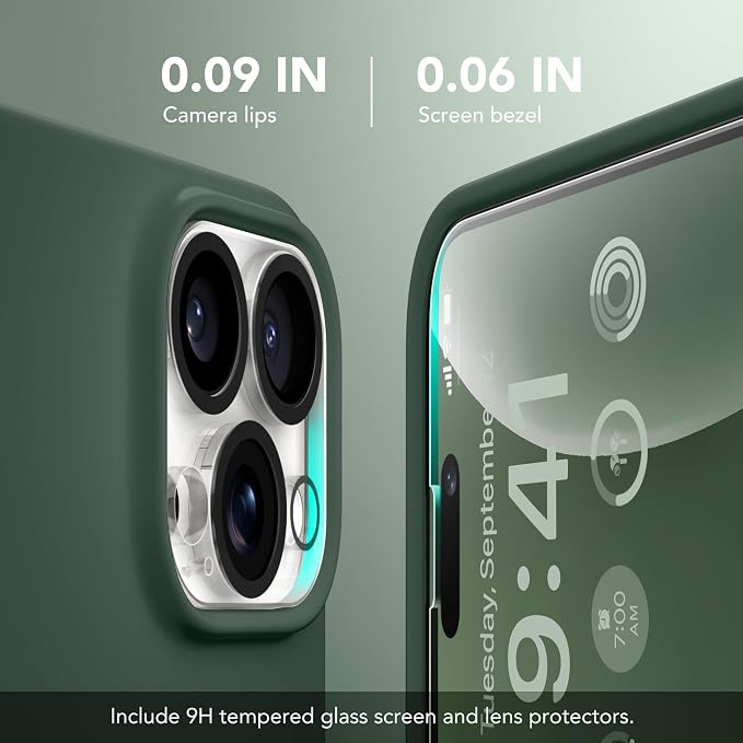 GONEZ for iPhone 14 Pro Max Case Silicone, Compatible with MagSafe, with Screen Protector + Camera Lens Protector, Liquid Silicone Shockproof Protective Phone 14 ProMax Case 6.7", Dark Green