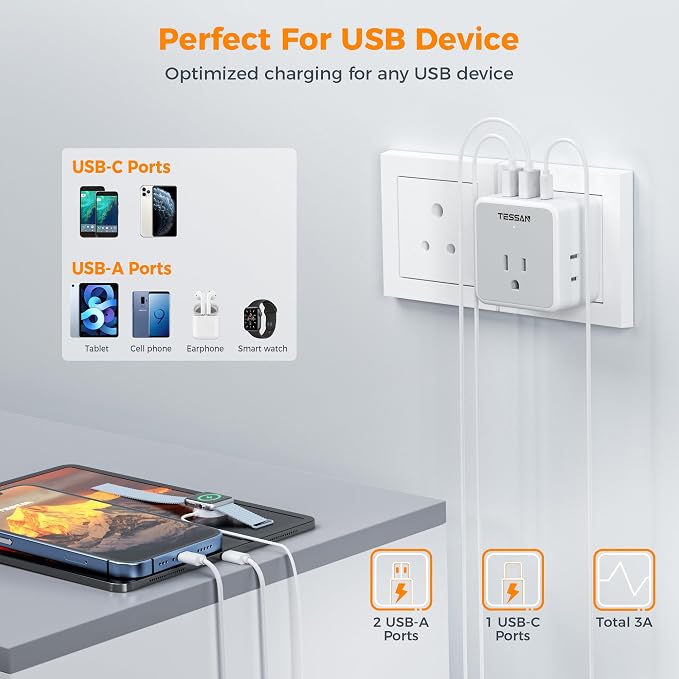 TESSAN European UK India Travel Plug Adapter Kit | International Detachable, 3 Outlet 3 USB (1 USB C), Type C/G/D EU Power Adaptor