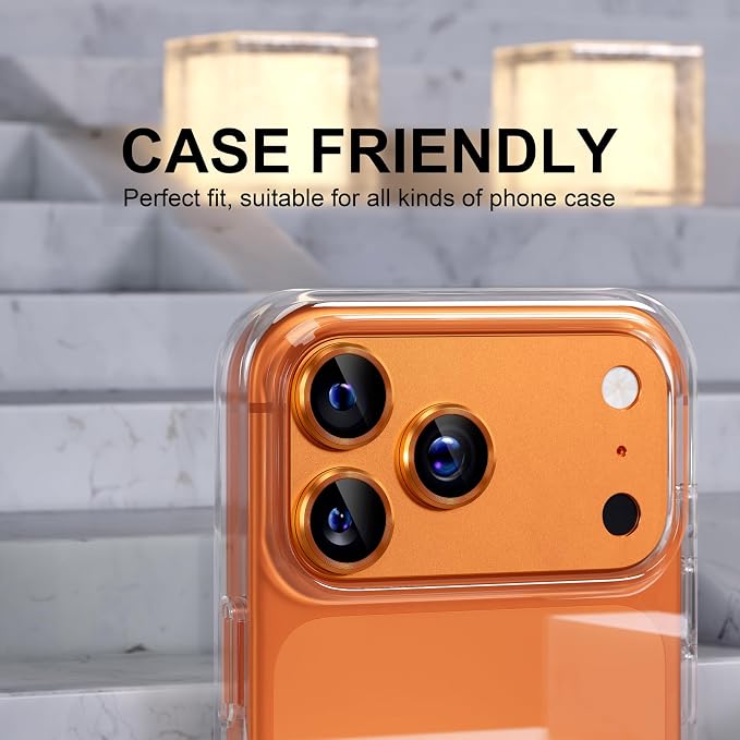 Choiche Compatible for iPhone 17 Pro Camera Lens Protector, Strong Adsorption Camera Cover with 9H Tempered Glass Lens Screen Protector Metal Ring Decoration Accessories 6.3-inch (Orange)