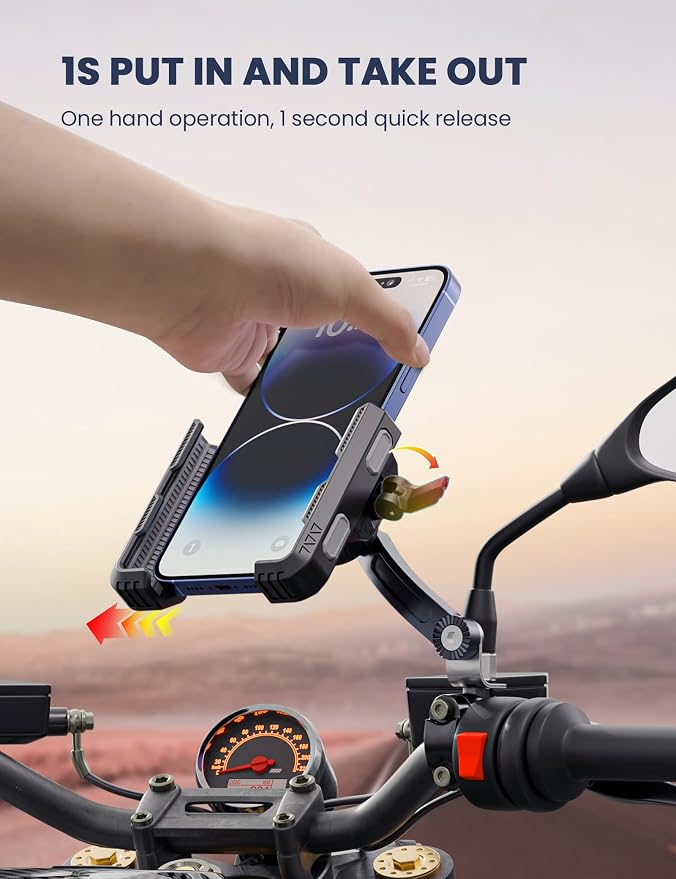 Grefay Motorcycle Phone Mount, 1S Quick Release. Anti Shake Motorbike Phone Holder for 4.0-7.0 Inch Smartphone for Motorcycle Mirror Phone Mount with 360° Rotatabe