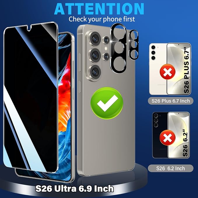 3 Pack Privacy Screen Protector for Samsung Galaxy S26 Ultra Tempered Glass + 2 Pack Camera Lens Protector, True 25°Anti Spy, Military Grade Shatterproof, 9H+ Hardness, Auto Alignment Frame 6.9"