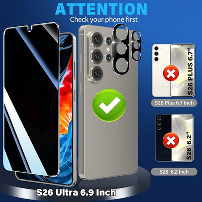 3 Pack Privacy Screen Protector for Samsung Galaxy S26 Ultra Tempered Glass + 2 Pack Camera Lens Protector, True 25°Anti Spy, Military Grade Shatterproof, 9H+ Hardness, Auto Alignment Frame 6.9"