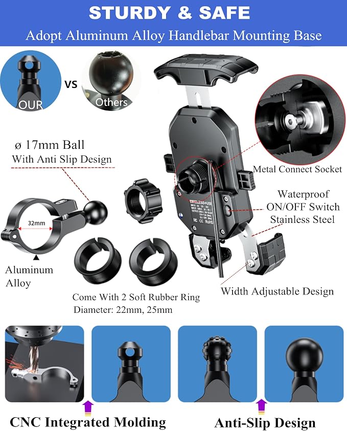 BRCOVAN Motorcycle Phone Mount Holder with Qi 15W Wireless Charger & PD/USB-C 20W Fast Charging Port, [1s Lock] Cellphone Cradle with Aluminum Alloy Handlebar Mounting Base for 4-7'' Smartphone