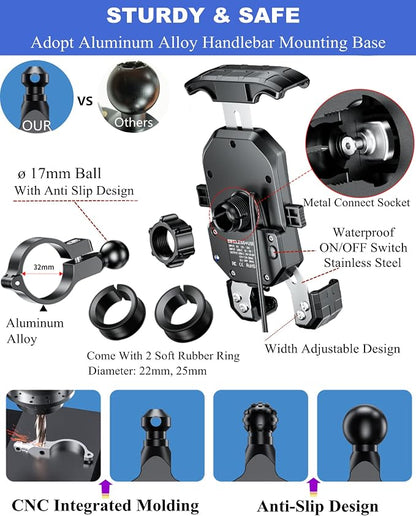 BRCOVAN Motorcycle Phone Mount Holder with Qi 15W Wireless Charger & PD/USB-C 20W Fast Charging Port, [1s Lock] Cellphone Cradle with Aluminum Alloy Handlebar Mounting Base for 4-7'' Smartphone
