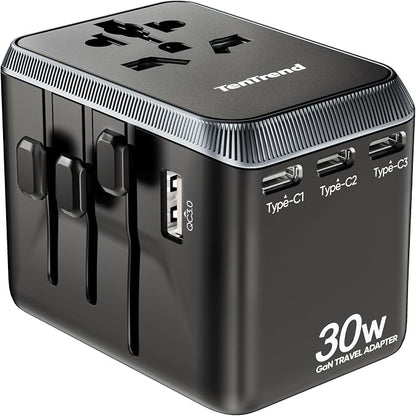 TenTrend Universal Travel Adapter, 30W International Power Adapter with 4 USB-C & 1 USB-A Ports, European Travel Plug Adapter, Worldwide Travel Essentials for EU UK AUS USA