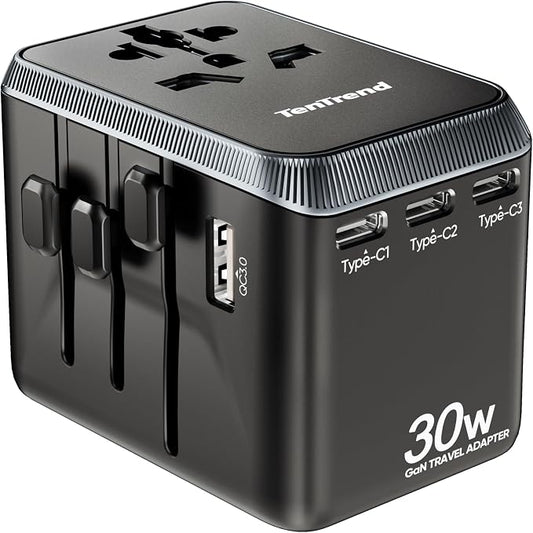 TenTrend Universal Travel Adapter, 30W International Power Adapter with 4 USB-C & 1 USB-A Ports, European Travel Plug Adapter, Worldwide Travel Essentials for EU UK AUS USA