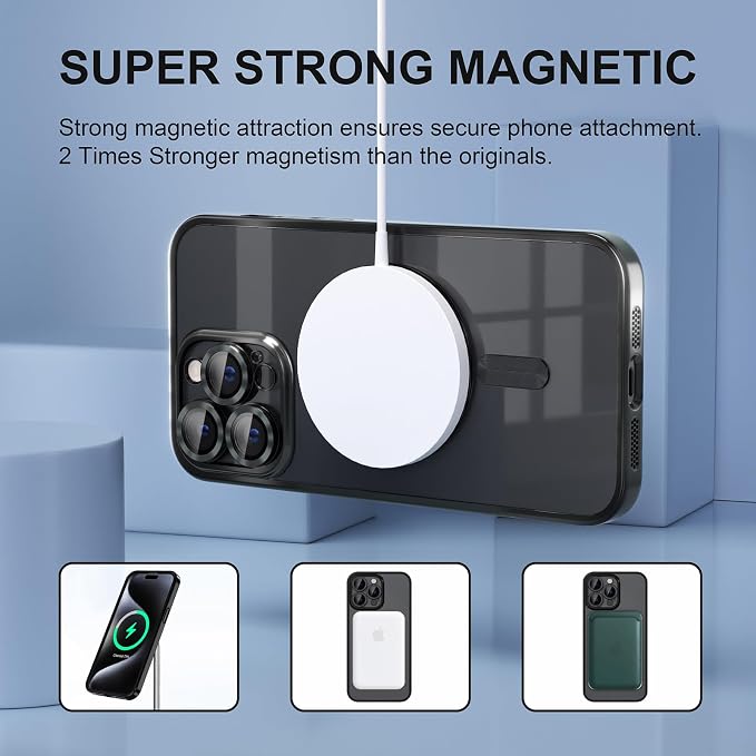 Misea Magnetic for iPhone 15 Pro Max Case with MagSafe [Never Yellowing] [Military Grade Drop Protection] Full Camera Lens Protector Plating Soft Clear Phone Case for Women Girls, Black