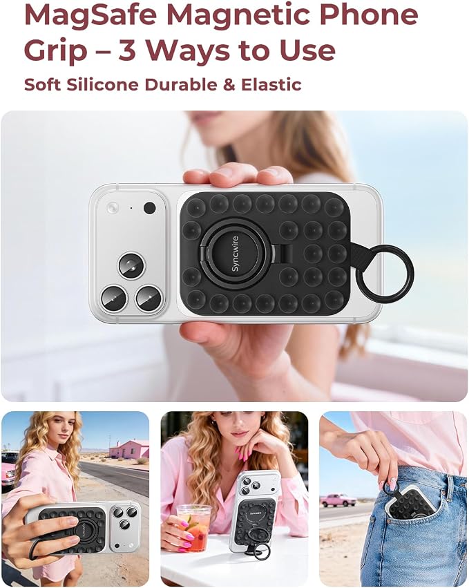 Syncwire Magnetic Suction Phone Mount for MagSafe, Silicone Octo Cup Buddy Sticky Grip Ring Holder, Hands-Free/Selfie/Video for TikTok & Instagram Influencer/Creator, iPhone Compatible,Midnight Black