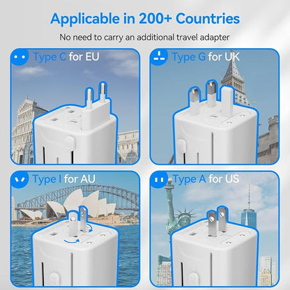 Universal Travel Adapter, 30W European Travel Plug Adapter with 2 USB-C PD & 1 USB-A Ports, International Power Adapter Fast Charging with 70in Power Cord for USA EU UK AUS