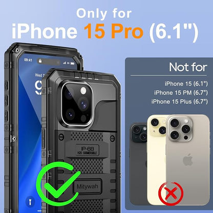 Mitywah Waterproof Case for iPhone 15 Pro, Heavy Duty Shockproof Case with Built-in Screen Protector, Full Body Underwater Protective Metal Case 6.1 inch, Black