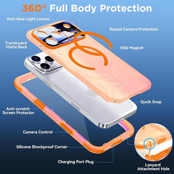 WIFORT for iPhone 17 Pro Max Waterproof Case, [Fit for Magsafe] with Sapphire Lens & Screen Protector, IP68 Full Body 15FT Military Shockproof, Magnetic Frosted Phone Cover with Lanyard, 6.9" Orange