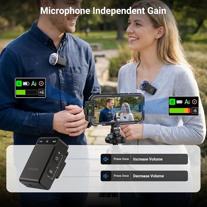NEEWER CM36 Pro Wireless Microphone, AI Noise Cancellation, 48KHz/32bit Float, 8GB Storage, 85dB SNR, 54H Battery with Charging Case, 328ft Range, Lav Mic for iPhone Android Vlog Camera PC