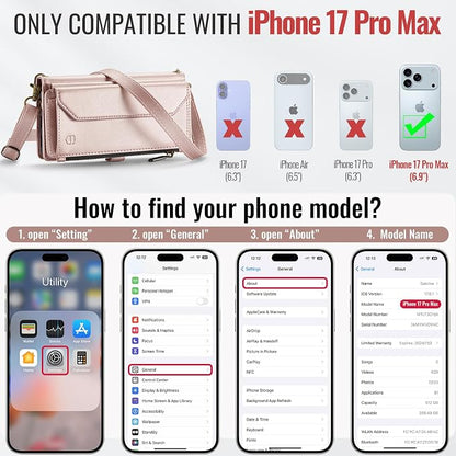 Strapurs Wallet Case Compatible with iPhone 17 Pro Max 6.9" RFID Blocking 10-Card Holder Soft PU Leather Magnetic Snap Shoulder Strap Zipper Pocket Phone Case Fit for iPhone 17 Pro Max - Rose Gold