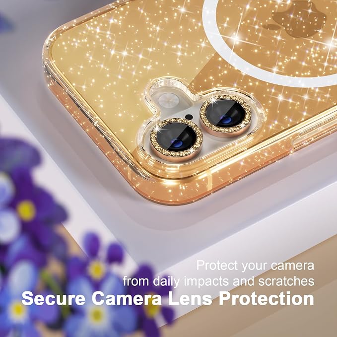 Choiche for iPhone 16 Case Magnetic, Women Clear Glitter Bling Sparkly Case, [2xDiamond Camera Lens Protectors] [2xTempered Glass Screen Protectors] [Compatible MagSafe] 6.1" (Glitter Gold)
