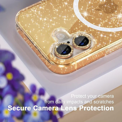 Choiche for iPhone 16 Case Magnetic, Women Clear Glitter Bling Sparkly Case, [2xDiamond Camera Lens Protectors] [2xTempered Glass Screen Protectors] [Compatible MagSafe] 6.1" (Glitter Gold)