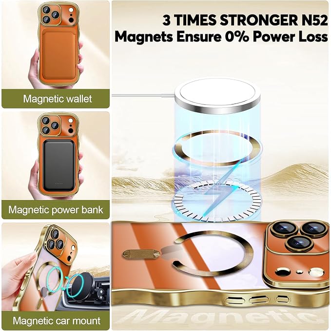 Misscase Designed for iPhone 17 Pro Max Case 6.9",with Privacy Screen Protector*1,Cute Wave Frame Case with Camera Lens Protector,Compatible with MagSafe Plating Bling for Women Gold