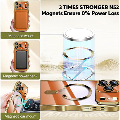 Misscase Designed for iPhone 17 Pro Max Case 6.9",with Privacy Screen Protector*1,Cute Wave Frame Case with Camera Lens Protector,Compatible with MagSafe Plating Bling for Women Gold