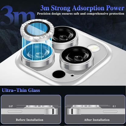 ShinKin Camera Lens Protector for iPhone 16 Pro/iPhone 16 Pro Max, Glitter Camera Cover, 9H Tempered Glass Individual Metal Ring Camera Protector for iPhone 16 Pro/16 Pro Max (Diamond - Silver)