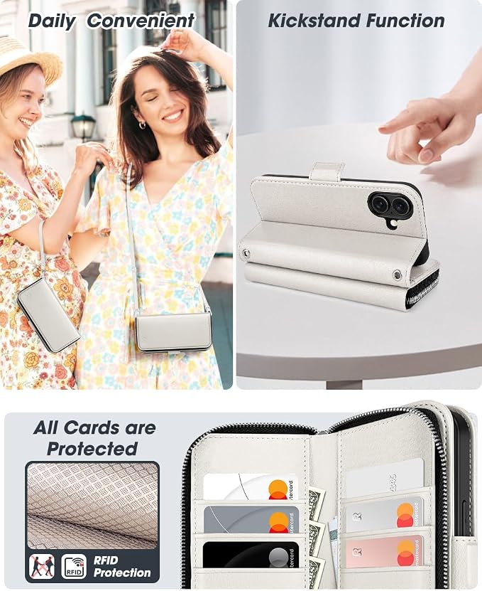 OCASE for iPhone 17 Crossbody Wallet Case - Stylish PU Leather Handbag Phone Purse with Zipper Closure, Card Slots & RFID Blocking - Wrist Strap, Lanyard, Kickstand - Cream