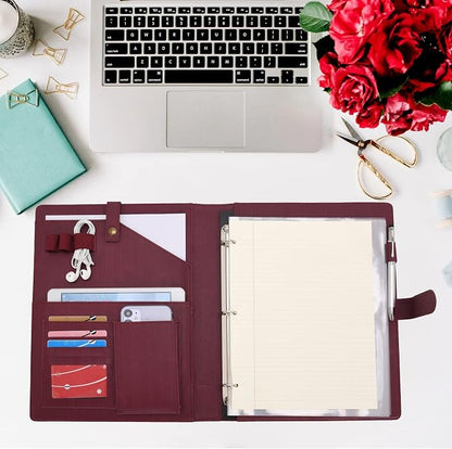 Wonderpool A4 PU Leather Portfolio Holder Ring File Document Case with Removable Binder Clipboard, Multi Pocket and Legal Pad for Business Organizer Interview and Meeting (Wine red)