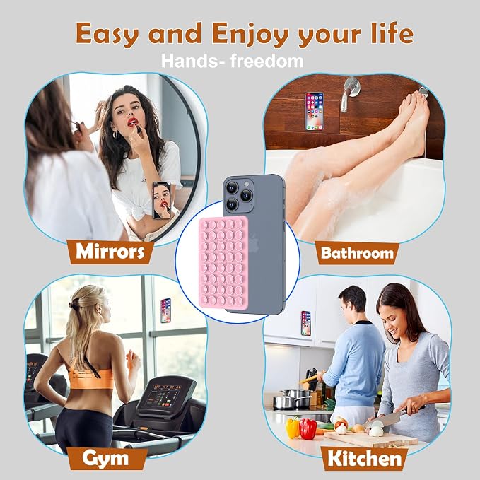 Double Sided Silicone Suction Phone Holder Mount, Silicon Accessory for iPhone and Android, Hands-Free Mirror Shower Phone Holder, TikTok Videos and Selfies (Light Pink+Transparent)