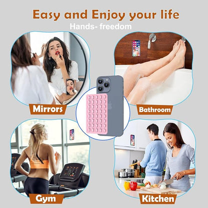 Double Sided Silicone Suction Phone Holder Mount, Silicon Accessory for iPhone and Android, Hands-Free Mirror Shower Phone Holder, TikTok Videos and Selfies (Light Pink+Transparent)