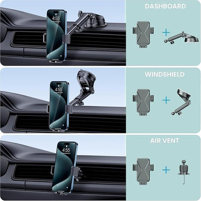 360° Adjustable Car Phone Holder Universal Hands-Free Mount for iPhone & Android, 3 in 1 Windshield Air Vent Dashboard Hands-Free Car Mount for iPhone Android Smartphone