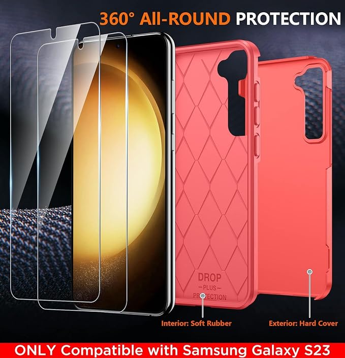 SPIDERCASE Designed for Samsung Galaxy S23 Case, [10 FT Military Grade Drop Protection], 2 Pack [Tempered Glass Screen Protector+Camera Lens Protector] Heavy Duty Shockproof Case, Red