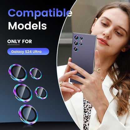Tensea (3+2PCS for Samsung Galaxy S24 Ultra 5G Camera Lens Protector, 9H Tempered Glass Camera Cover Screen Protector Metal Individual Ring for S24 Ultra 5G 2024 [Installation Tray][Case Friendly]