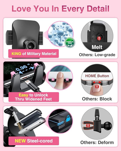 VANMASS【85+LBS Strongest Suction & Military-Grade Ultimate Car Phone Mount【Patent & Safety Certs】 Cell Phone Holder Truck for Dashboard Windshield Vent for iPhone 17 Pro Max 16 15 for Samsung, Pink