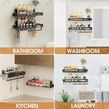 Shower Caddy Suction Cup, 11.8 inch 2 Pack Suction Shower Shelf with Hooks NO-Drilling Bathroom Holder, Rustproof Bathroom Organizer, Black,Includes 2 Extra Suction Cups for Replacement Use