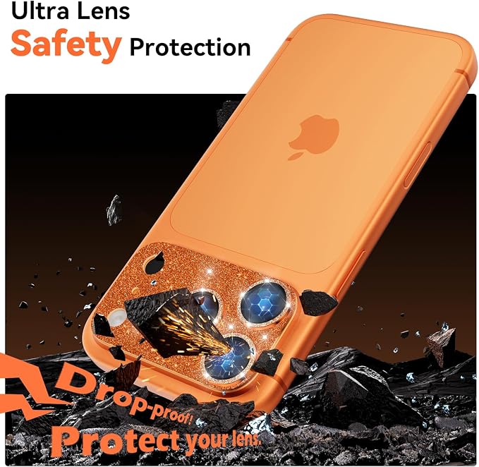 imluckies Compatible with iPhone 17 Pro Max Camera Lens Protector Bling, Ultra HD Tempered Glass Shiny Diamond Camera Plate Sparkle Screen Protection, 9H Anti-Scratch & Easy Install, Glitter Orange