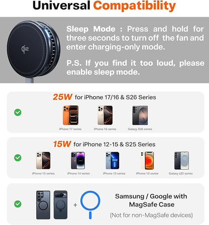 TORRAS PolarCircle Qi2.2 Wireless Charger, 25W Cooling Magnetic Pad for Samsung Galaxy S26/S25, Wireless Charger for iPhone 17/16 with 360°Spin Stand, Semiconductor Phone Cooler, with 45W IceNano Plug